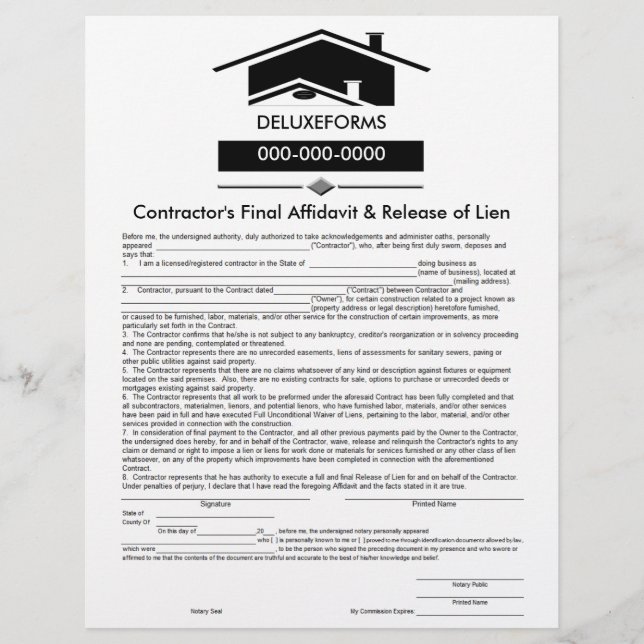 Black Roof Final Affidavit & Release of Lien Form (Front)