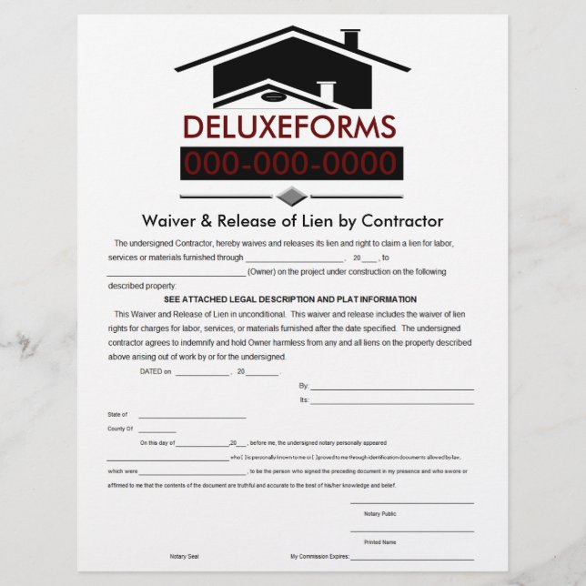 Black Roof Waiver & Release Lien Contractor Form (Front)
