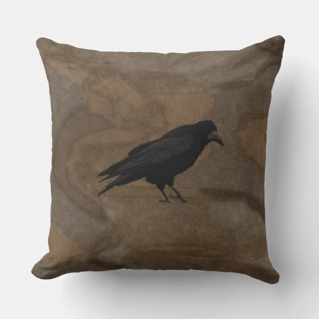 Black Rook British Corvid and Rustic Background Cushion (Front)