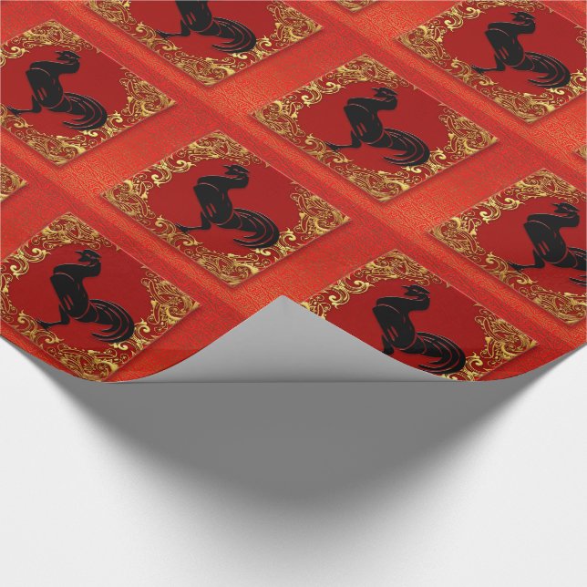 Black Rooster Chinese Zodiac Animal Red and Gold Wrapping Paper (Corner)