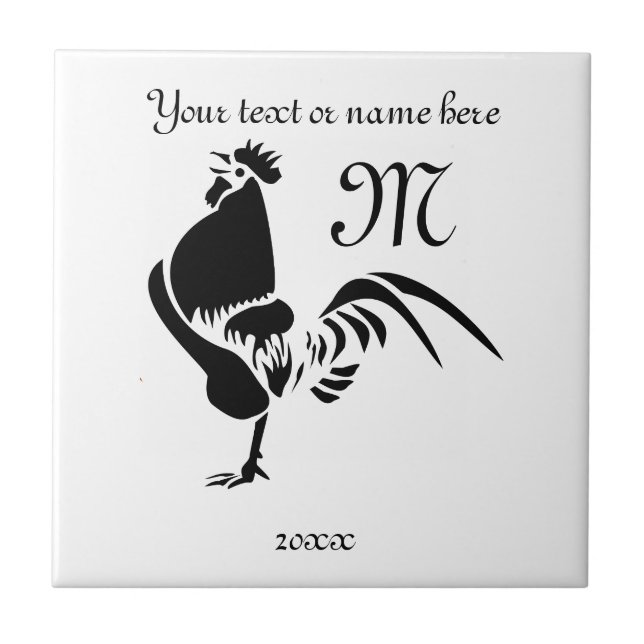 Black Rooster Crowing Silhouette Ceramic Tile (Front)