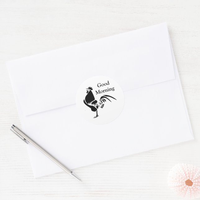 Black Rooster Crowing Silhouette Classic Round Sticker (Envelope)