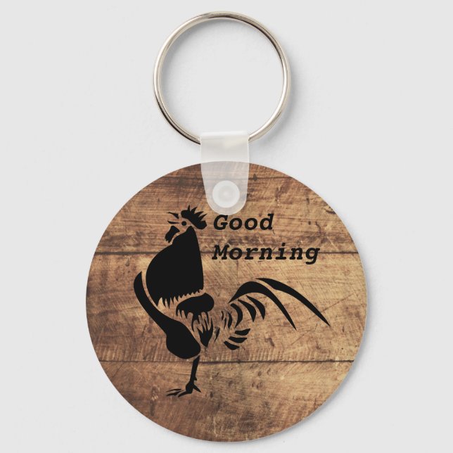 Black Rooster Crowing Silhouette Key Ring (Front)