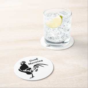 Black Rooster Crowing Silhouette Round Paper Coaster