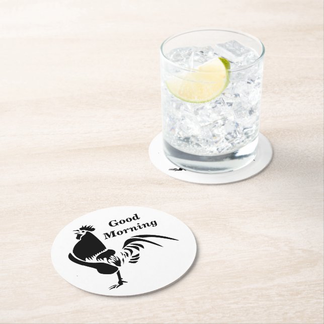 Black Rooster Crowing Silhouette Round Paper Coaster (Insitu)