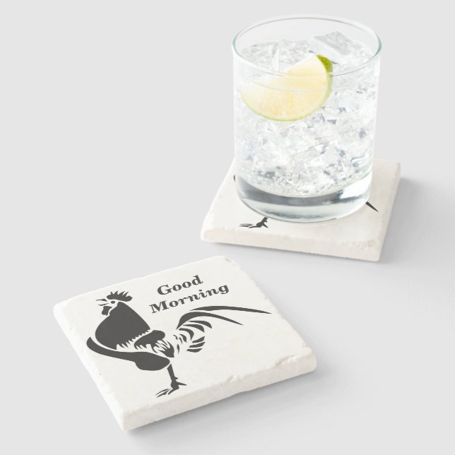 Black Rooster Crowing Silhouette Stone Coaster (Side)