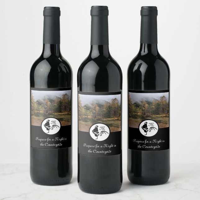 Black Rooster Silhouette Monogram Photo Wine Label (Bottles)