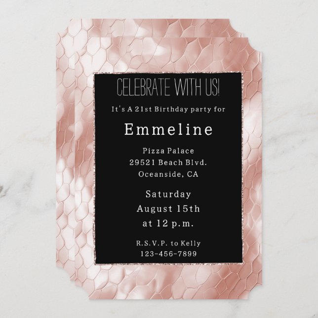 Black Rose Blush Pink Snake Skin Invitation (Front/Back)