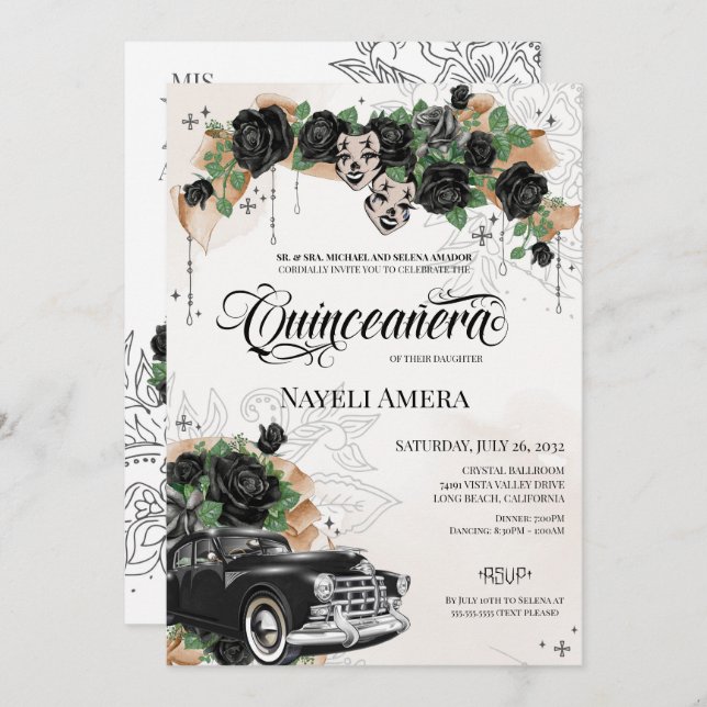 Black Rose Classic Lowrider Oldies Chola Quince Invitation (Front/Back)