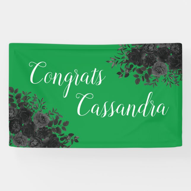 Black Rose Dark Gothic Graduation Party Green Banner (Horizontal)