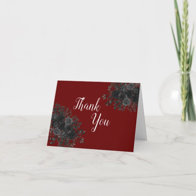 Black Rose Dark Gothic Graduation Party Maroon Thank You Card (Front)