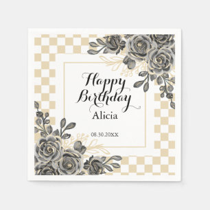 Black Rose Flora Gold & White Chequered Birthday  Napkin