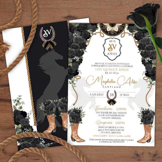 Black Rose Floral Western Charro Quinceañera Invitation (Creator Uploaded)