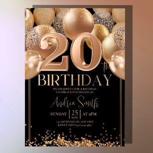 Black Rose Gold 20th Birthday Glam Balloons Invitation