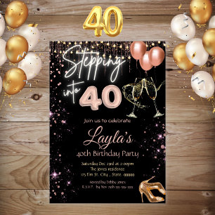 Black Rose Gold 40th Birthday Girl Invitation 