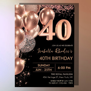 Black Rose Gold 40th Birthday Glam Balloons Invitation