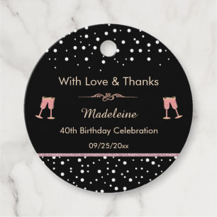 Black & Rose Gold 40th Birthday with Flutes Favour Tags