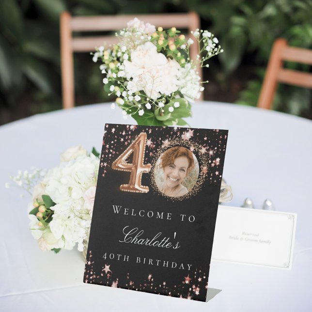 Black rose gold 40th photo birthday party welcome pedestal sign (Creator Uploaded)