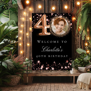 Black rose gold 40th photo birthday party welcome poster