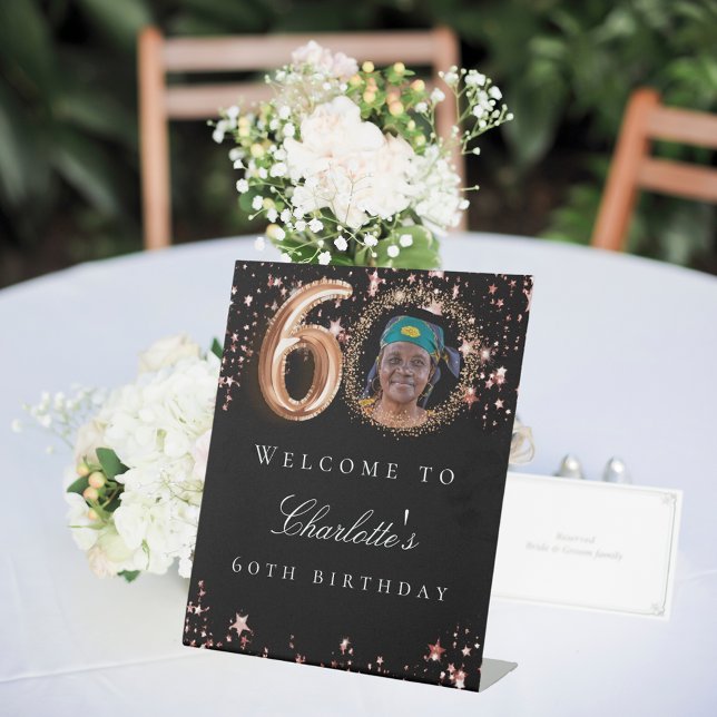 Black rose gold 60th photo birthday party welcome pedestal sign (Creator Uploaded)