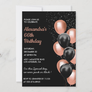 Black Rose gold 66th birthday invitation Balloon