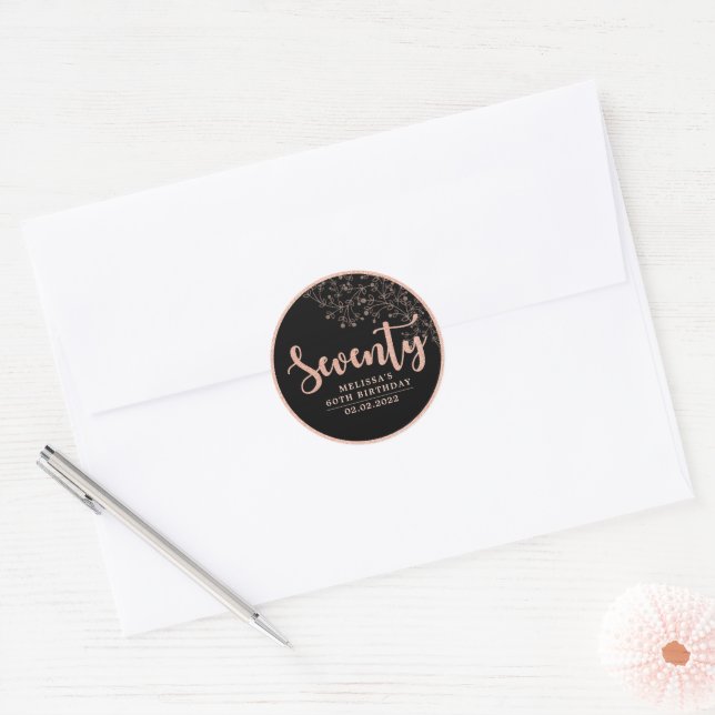 Black Rose Gold 70th Birthday Party Favour Sticker (Envelope)