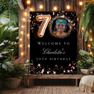 Black rose gold 70th photo birthday party welcome poster