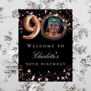 Black rose gold 90th photo birthday party welcome poster