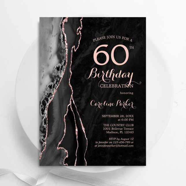 Black Rose Gold Agate 60th Birthday Invitation (Creator Uploaded)
