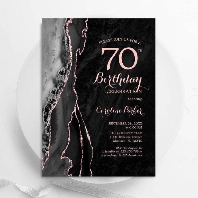 Black Rose Gold Agate 70th Birthday Invitation (Creator Uploaded)