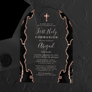 Black Rose Gold Agate Arch First Holy Communion Acrylic Invitations