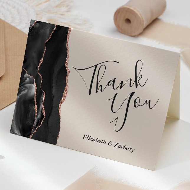 Black Rose Gold Agate Beige Wedding Thank You Card (Creator Uploaded)
