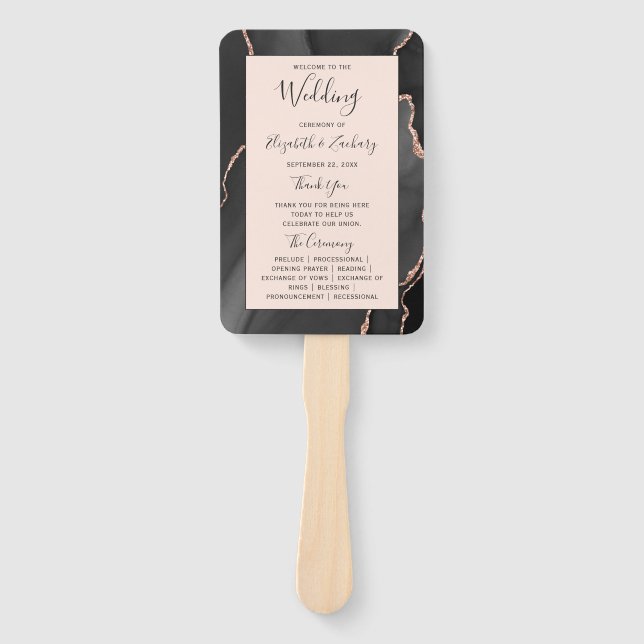 Black Rose Gold Agate Blush Wedding Program Hand Fan (Front)