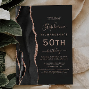 Black Rose Gold Agate Dark 50th Birthday Party Invitation