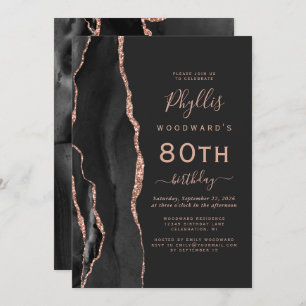 Black Rose Gold Agate Dark 80th Birthday Party Invitation