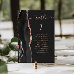 Black Rose Gold Agate Dark Guest Names Wedding Table Number<br><div class="desc">The left-hand edge of this elegant modern wedding table number card features a black watercolor agate border trimmed with faux rose gold glitter. The word "table" appears in rose pink handwriting script on an off-black background. Add the names of your guests who are assigned to each table.</div>
