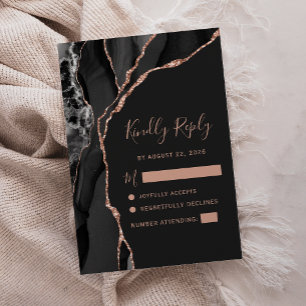 Black Rose Gold Agate Dark Wedding RSVP Card