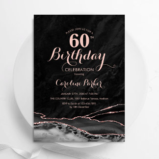 Black Rose Gold Agate Marble 60th Birthday Invitation
