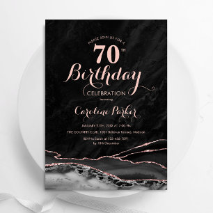 Black Rose Gold Agate Marble 70th Birthday Invitation