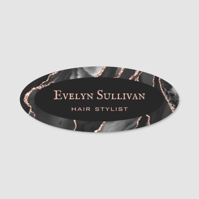 Black Rose Gold Agate Name Tag (Front)
