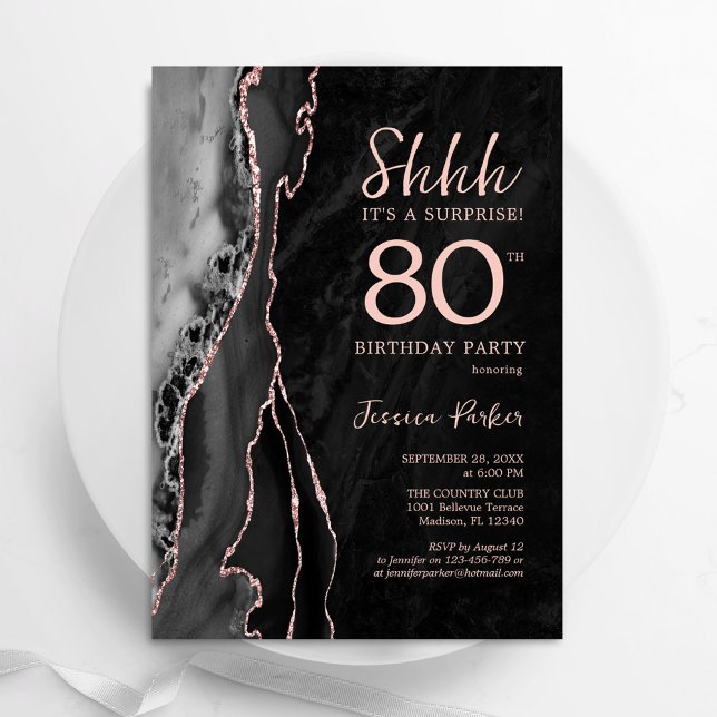 Black Rose Gold Agate Surprise 80th Birthday Invitation (Creator Uploaded)
