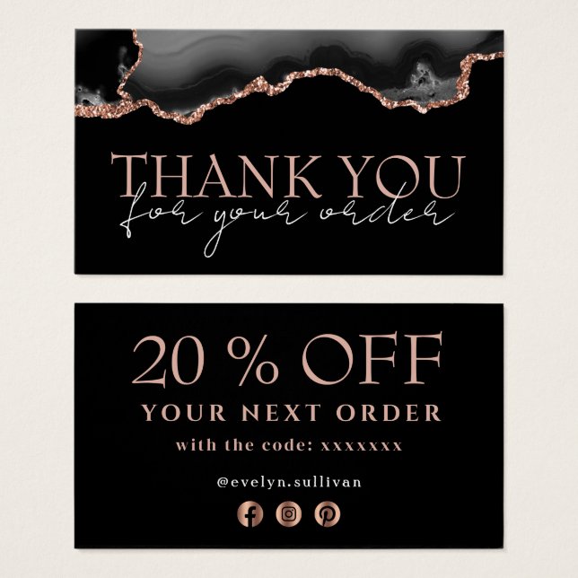 Black rose gold agate thank you discount card (Front & Back)