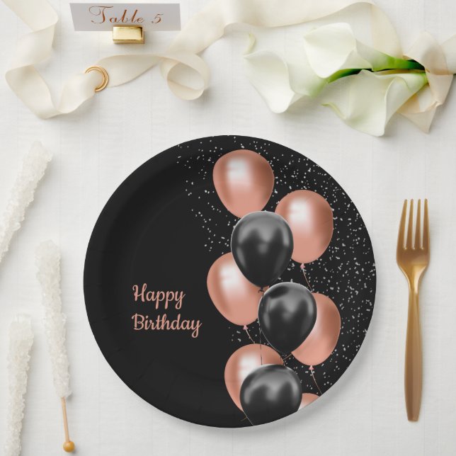 Black Rose Gold Balloon Chic  Paper Plate (Wedding)