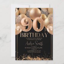 Black Rose Gold Balloons 90th Birthday Invitation