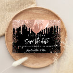 Black rose gold birthday party save the date announcement postcard<br><div class="desc">A girly and trendy Save the Date for a 18th (or any age) birthday party. A black background decorated with rose gold drips and balloons.  Personalise and add a date and name/age. The text: Save the Date is written with a large trendy hand lettered style script.</div>