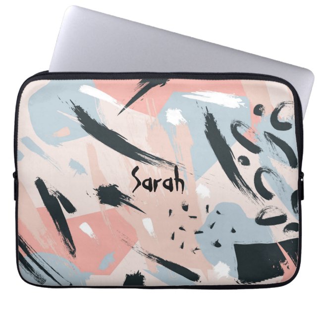 Black Rose Gold Blue Abstraction Mongram Name Laptop Sleeve (Front)