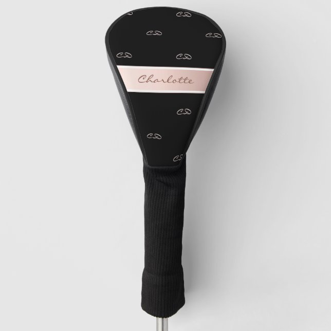 Black rose gold blush monogram name initials golf head cover (Front)