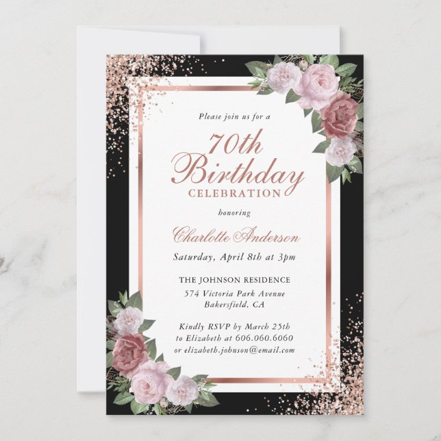 Black Rose Gold Blush Pink Floral 70th Birthday Invitation (Front)