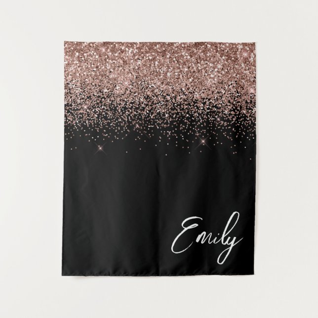 Black Rose Gold Blush Pink Glitter Monogram Tapestry (Front)