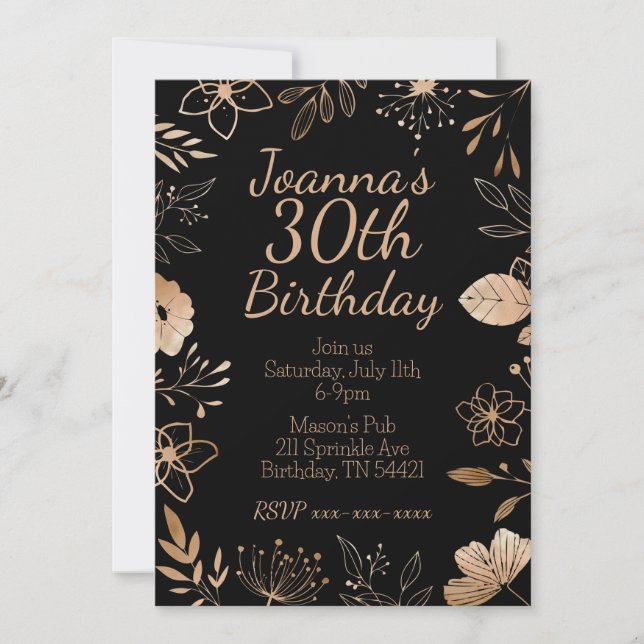 Black Rose Gold Botanical Birthday Invitation (Front)